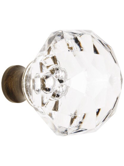German Crystal Diamond Cut Knob With Solid Brass Base In Antique Brass.